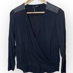 The Kooples Black Wrap Style V-Neck Blouse with Lambskin Leather S